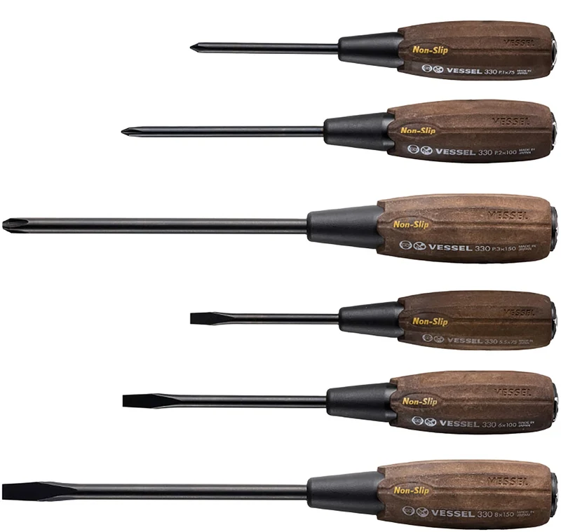 VESSEL Woody 6-Piece Through-Handle Screwdriver Set Non-Slip Grip (336PS)