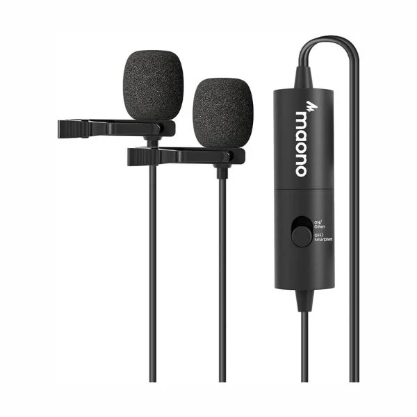 Micrófono Lavalier MAONO AU-200 Doble Cabeza Omnidireccional - Condensador Electret - 3.5mm - 6m Cable - Dual Head
