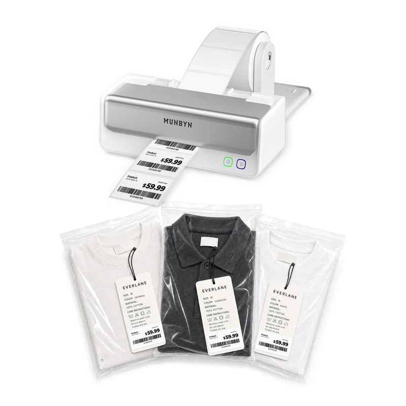 MUNBYN RealWriter 405B Bluetooth Drucker & Rechteck Etiketten Kleidung Produkt Profi Set