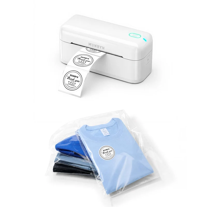 MUNBYN RealWriter 402B Bluetooth Drucker & Kreis Etiketten Kleidung Verpackung Branding Set