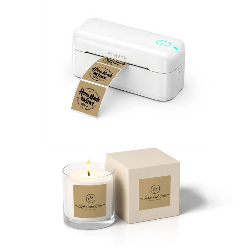 MUNBYN RealWriter 402B Bluetooth Drucker & 2x2 Quadrat Etiketten Kerze Verpackung Starter Set