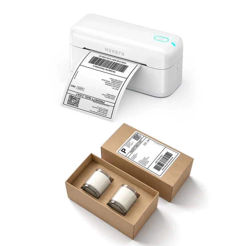 MUNBYN RealWriter 402B Bluetooth Drucker & 4x6 Falt Etiketten Kerze Versand Pflege Set