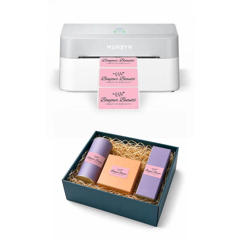 MUNBYN RealWriter 403B Bluetooth Drucker & Rechteck Etiketten Beauty Verpackung Starter Set