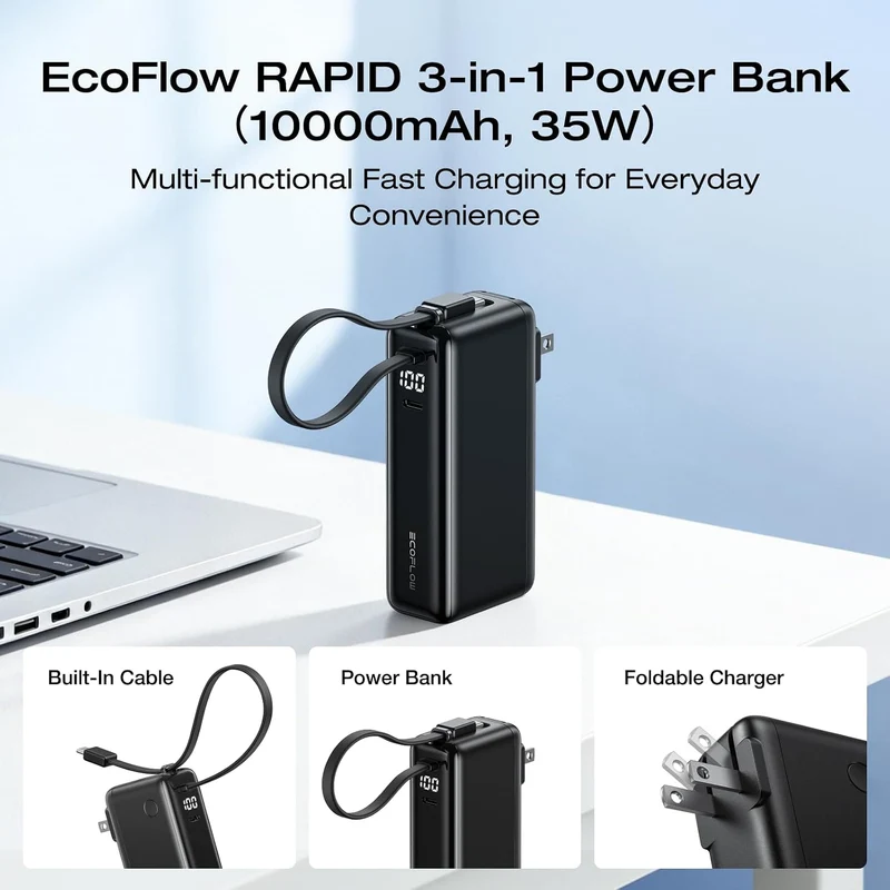 Power Bank EcoFlow RAPID, 10,000 mAh, Carga 30 W, Negro