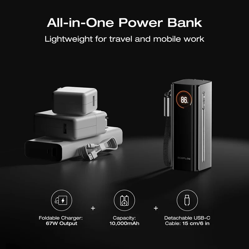 Power Bank EcoFlow RAPID Pro, 10,000 mAh, Carga 67 W, Gris Negro