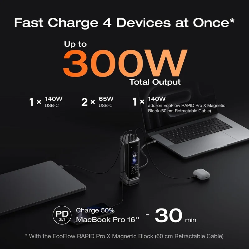 Power Bank EcoFlow RAPID Pro X, 27650 mAh, Carga 300 W, Dark Negro