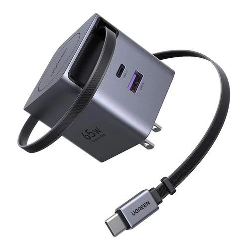 Cargador UGreen Nexode 65W GaN Cable USB-C Retractil 3 en 1 Negro