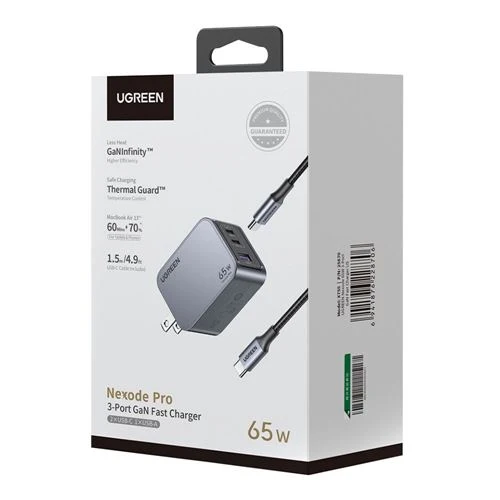 Cargador UGreen Nexode Pro 65W GaN 3 Puertos USB-C/USB-A Negro
