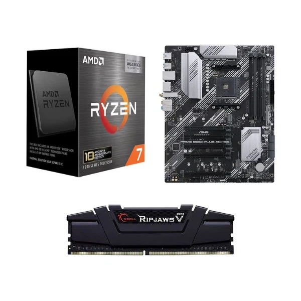 Kit para PC: Procesador AMD Ryzen 7 5800X3D 8 Núcleos 3.4GHz 96MB Cache + Tarjeta Madre ASUS B550-Plus Prime AC-HES Socket AM4 DDR4 ATX + Memoria RAM G.Skill Ripjaws V 16 GB DDR4-3200 Black