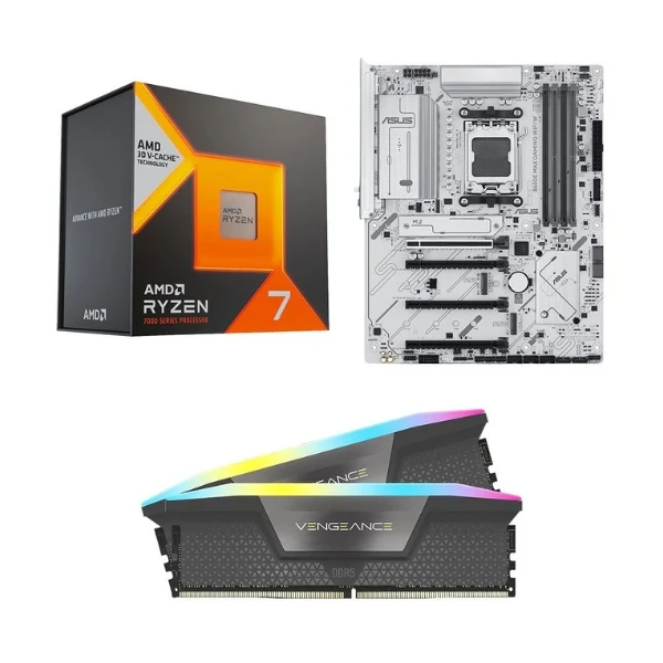 Kit para PC: Procesador AMD Ryzen 7 7800X3D 8 Núcleos 4.2GHz 96MB Cache + Tarjeta Madre ASUS B650E MAX Gaming WiFi White Socket AM5 DDR5 ATX + Memoria RAM Corsair Vengeance RGB 32 GB DDR5-6000 Black