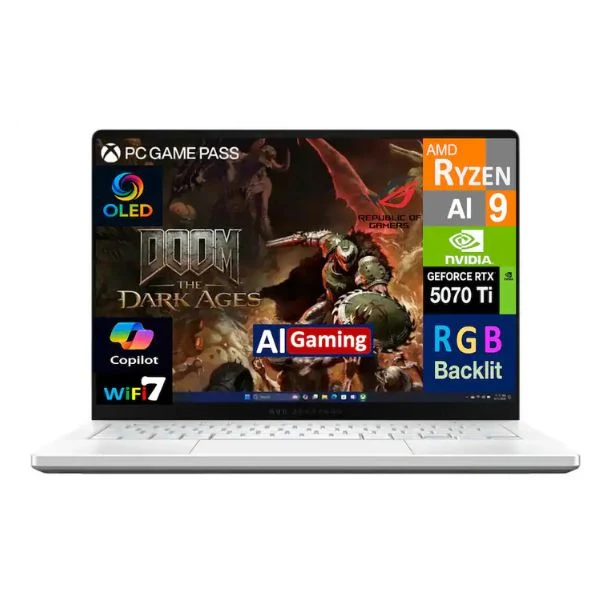 Laptop ASUS ROG Zephyrus G14 AMD Ryzen AI 9 HX 370 32GB RAM 1TB SSD 14" NVIDIA GeForce RTX 5070 Ti Win 11 Pro - Platinum White