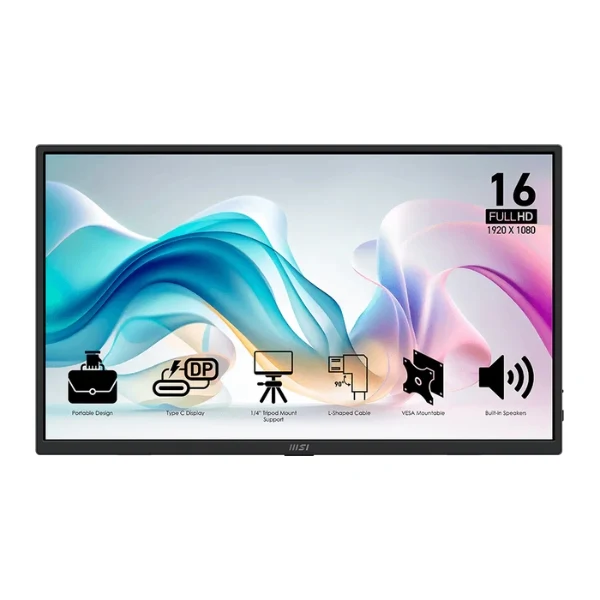 Monitor MSI PRO MP165 E6 15.6" – FHD 1920x1080 – 60Hz – 4ms GtG – IPS – HDMI+2xUSB+Type-C – Negro