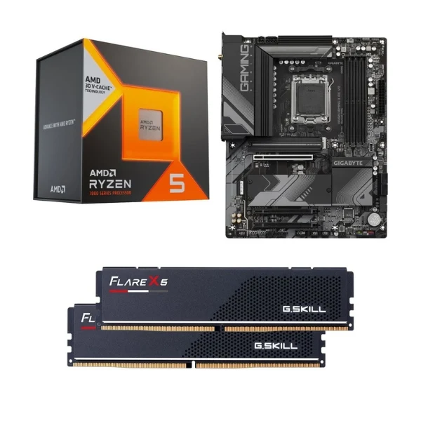 Kit para PC: Procesador AMD Ryzen 5 7600X3D 6 Núcleos 4.1GHz 96MB Cache + Tarjeta Madre GIGABYTE B650 Gaming X AX V2 Socket AM5 DDR5 ATX + Memoria RAM G.Skill Flare X5 16 GB DDR5-6000 Black