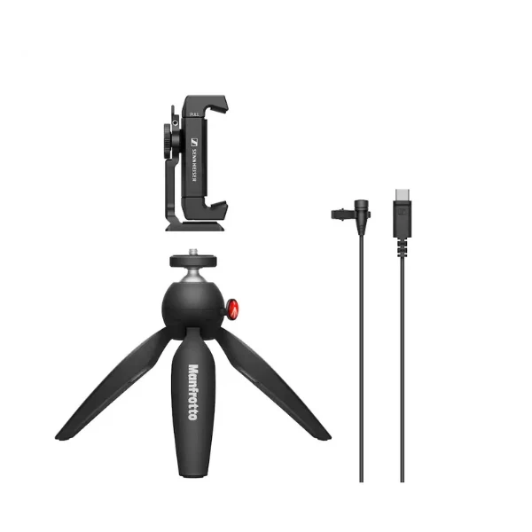Micrófono Sennheiser XS Lav USB-C Mobile Kit Omnidirectional Clip-on Microphone with Smartphone Clamp & Manfrotto PIXI Mini Tripod - Black