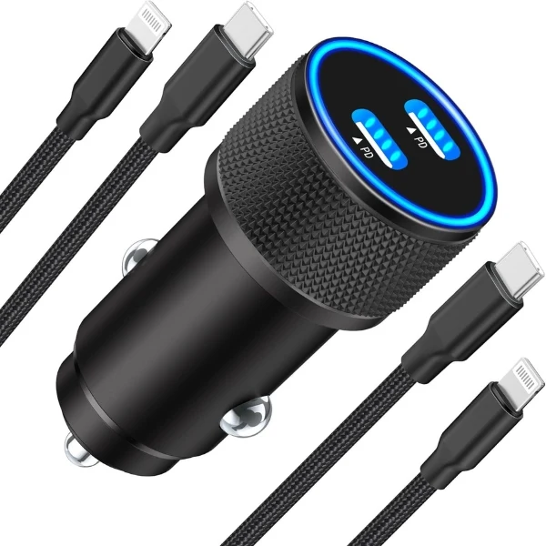 Cargador de Auto Linocell 60W Dual USB-C - Certificación MFi - Carga Rápida iPhone - 2 Cables Lightning Incluidos - HS-2C-40W