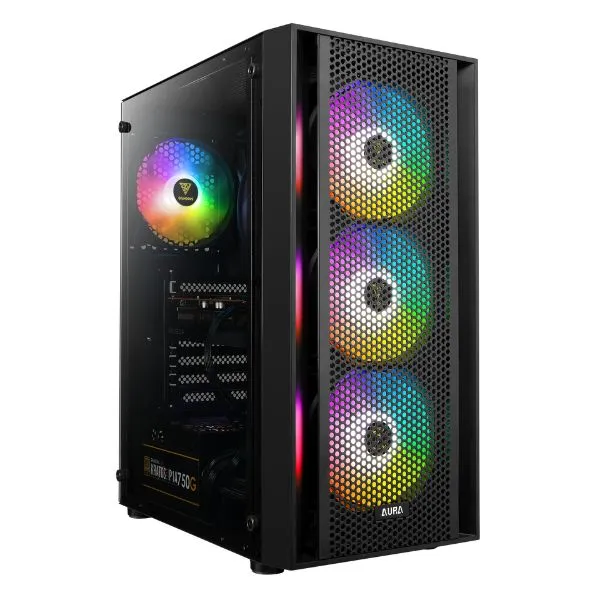 Case gaming Gamdias AURA GC2 - Mid Tower - ATX - Negro - 3x USB - HD Audio - 4x Fan ARGB - Frontal Malla - Vidrio Templado