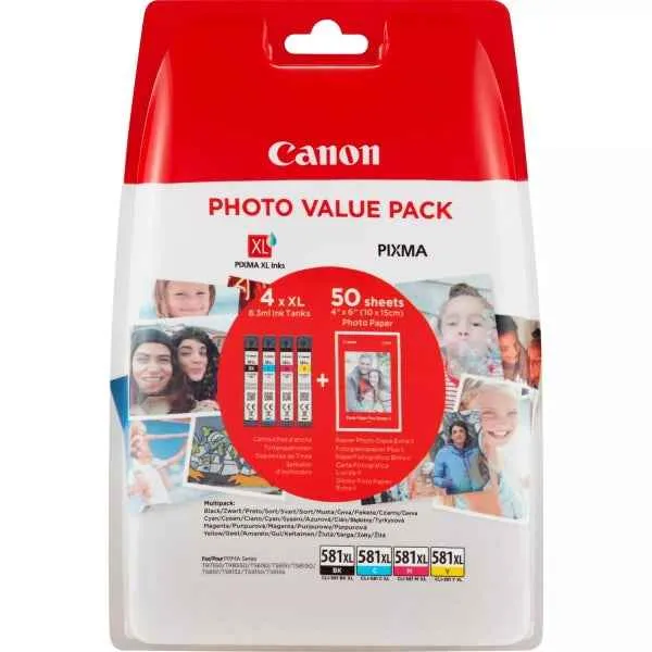 Canon CLI581XL Pack de 4 Cartuchos de Tinta Originales - 50 Hojas de Papel Fotografico - 2052C004/2052C006