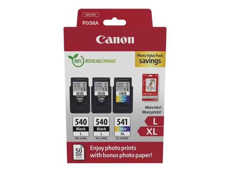Canon PG540L Negro + CL541XL Color Pack de 3 Cartuchos de Tinta Originales + 50 Hojas de Papel Fotografico - 5224B015