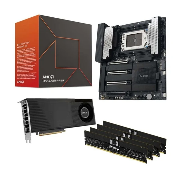 Kit para PC: Procesador AMD Ryzen Threadripper 9970X 32 Núcleos + Tarjeta Madre ASUS TRX50 SAGE Pro WS sTR5 DDR5 CEB + 128 RAM GB DDR5 + Tarjeta Gráfica ASUS AMD Radeon AI PRO R9700 Turbo 16 GB GDDR6