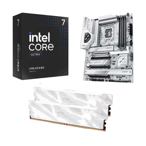 Kit para PC: Procesador Intel Core Ultra 7 265KF 20 Núcleos 3.9GHz 30MB Cache + Tarjeta Madre ASUS Z890 AYW Gaming WiFi W Socket LGA1851 DDR5 ATX + Memoria RAM Crucial Pro 32 GB DDR5-6400 White