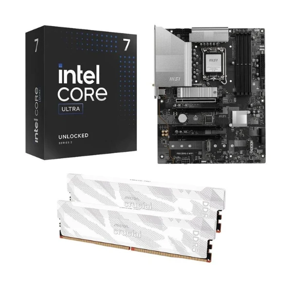 Kit para PC: Procesador Intel Core Ultra 7 265KF 20 Núcleos 3.9GHz 30MB Cache + Tarjeta Madre MSI Z890-S Pro WiFi Socket LGA1851 DDR5 ATX + Memoria RAM Crucial Pro 32 GB DDR5-6400 White