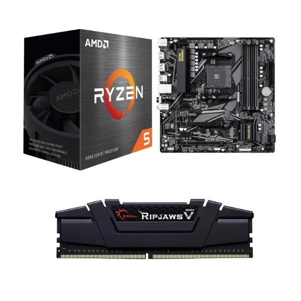 Kit para PC: Procesador AMD Ryzen 5 5500 6 Núcleos 3.6GHz 16MB Cache + Tarjeta Madre GIGABYTE B550M DS3H AC R2 Socket AM4 DDR4 microATX + Memoria RAM G.Skill Ripjaws V 16 GB DDR4-3200 Black