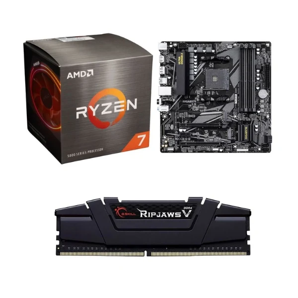 Kit para PC: Procesador AMD Ryzen 7 5800XT 8 Núcleos 3.8GHz 32MB Cache + Tarjeta Madre Gigabyte B550M DS3H AC R2 Socket AM4 DDR4 microATX + Memoria RAM G.Skill Ripjaws V 16 GB DDR4-3200 Black