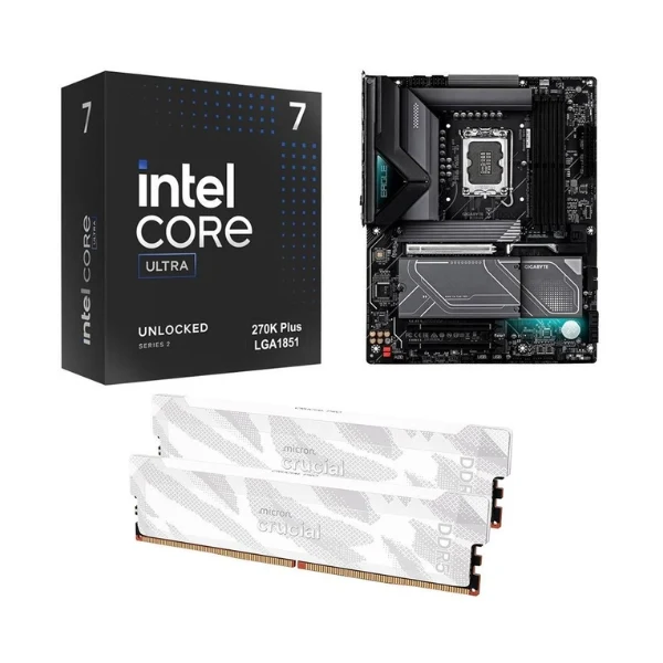 Kit para PC: Procesador Intel Core Ultra 7 270K Plus + Tarjeta Madre Gigabyte Z890 Eagle WiFi7 Plus Socket LGA1851 DDR5 ATX + Memoria RAM Crucial Pro 32 GB DDR5-6400 White