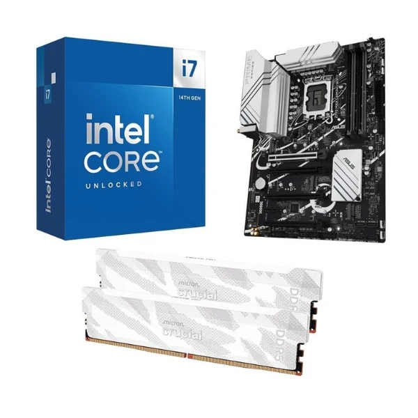 Kit para PC: Procesador Intel Core i7-14700K + Tarjeta Madre ASUS Z790 Max Gaming WiFi7 Socket LGA1700 DDR5 ATX + Memoria RAM Crucial Pro 32 GB DDR5-6400 White