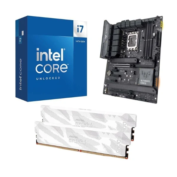 Kit para PC: Procesador Intel Core i7-14700K + Tarjeta Madre ASUS Z790-Plus TUF Gaming WiFi Socket LGA1700 DDR5 ATX + Memoria RAM Crucial Pro 32 GB DDR5-6400 White