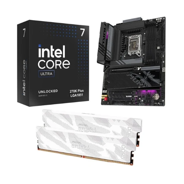 Kit para PC: Procesador Intel Core Ultra 7 270K Plus + Tarjeta Madre Gigabyte Z890 Aorus Elite WiFi7 Socket LGA1851 DDR5 ATX + Memoria RAM Crucial Pro 32 GB DDR5-6400 White