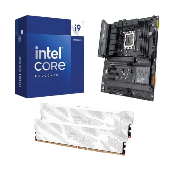 Kit para PC: Procesador Intel Core i9-14900K 24 Núcleos 3.2GHz 36MB Cache + Tarjeta Madre ASUS Z790-Plus TUF Gaming WiFi Socket LGA1700 DDR5 ATX + Memoria RAM Crucial Pro 32 GB DDR5-6400 White