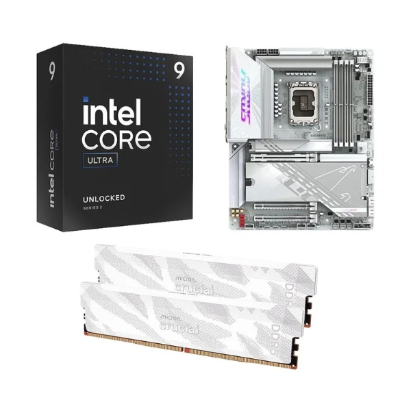 Kit para PC: Procesador Intel Core Ultra 9 285K 24 Núcleos 3.7GHz 36MB Cache + Tarjeta Madre GIGABYTE Z890 Aorus Pro Ice Socket LGA1851 DDR5 ATX + Memoria RAM Crucial Pro 32 GB DDR5-6400 White