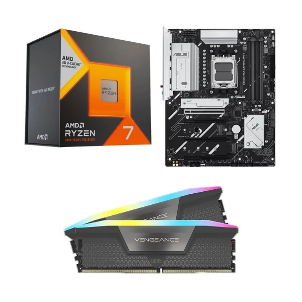 Kit para PC: Procesador AMD Ryzen 7 7800X3D 8 Núcleos 4.20GHz 96MB Cache + Tarjeta Madre ASUS B650E Max Gaming WiFi Socket AM5 DDR5 ATX + Memoria RAM Corsair Vengeance RGB 32 GB DDR5-6000 Black