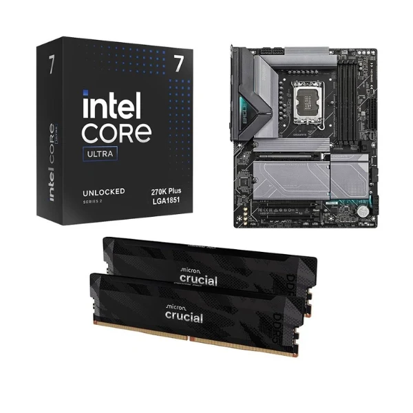 Kit para PC: Procesador Intel Core Ultra 7 270K Plus 24 Núcleos 3.7GHz 36MB Cache + Tarjeta Madre GIGABYTE Z890 Eagle WiFi7 Socket LGA1851 DDR5 ATX + Memoria RAM Crucial Pro 32GB DDR5-6400 Black