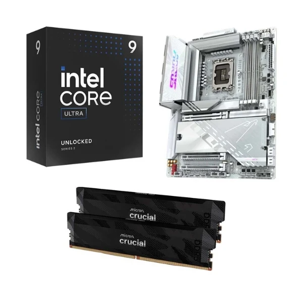 Kit para PC: Procesador Intel Core Ultra 9 285K 24 Núcleos 3.7GHz 36MB Cache + Tarjeta Madre GIGABYTE Z890 Aorus Pro Ice Socket LGA1851 DDR5 ATX + Memoria RAM Crucial Pro 32GB DDR5-6400 Black