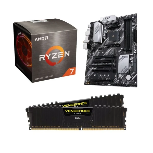 Kit para PC: Procesador AMD Ryzen 7 5800XT 8 Núcleos 3.8GHz 32MB Cache + Tarjeta Madre ASUS B550-PLUS Prime AC-HES Socket AM4 DDR4 ATX + Memoria RAM Corsair Vengeance LPX 16 GB DDR4-3200
