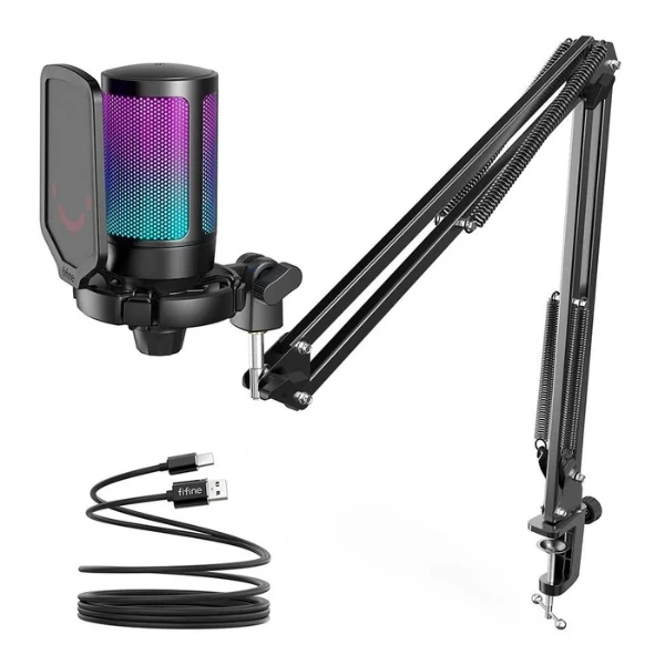 Micrófono FiFine A6T Condensador USB RGB Cardioide Kit Completo Con Brazo