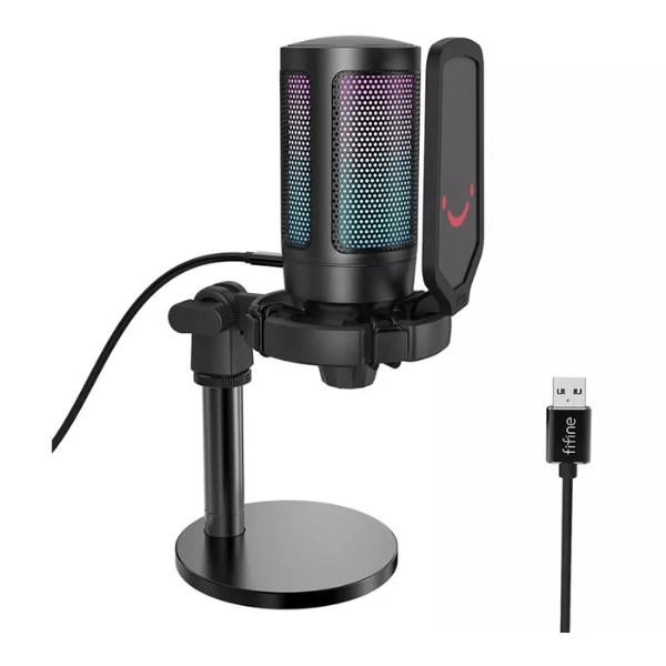 Micrófono FiFine AmpliGame A6 Condensador USB RGB Cardioide Con Control de Volumen