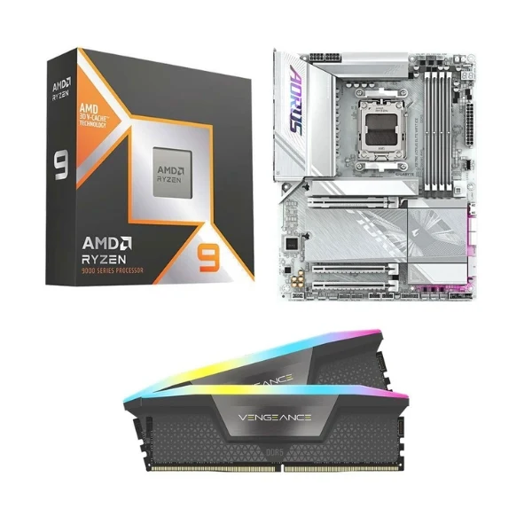 Kit para PC: Procesador AMD Ryzen 9 9950X3D 4.3GHz 128MB Cache + Tarjeta Madre GIGABYTE X870E Aorus Elite Ice WiFi7 AM5 ATX + Memoria RAM Corsair Vengeance RGB 32 GB Black