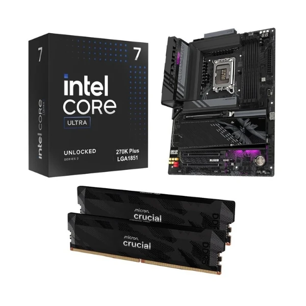 Kit para PC: Procesador Intel Core Ultra 7 270K Plus 24 Núcleos 3.7GHz 36MB Cache + Tarjeta Madre GIGABYTE Z890 Aorus Elite WiFi7 Socket LGA1851 DDR5 ATX + Memoria RAM Crucial Pro 32GB DDR5-6400 Black