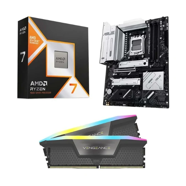Kit para PC: Procesador AMD Ryzen 7 9850X3D 8 Núcleos 4.7GHz 96MB Cache + Tarjeta Madre ASUS X870-P Prime WiFi Socket AM5 DDR5 ATX + Memoria RAM Corsair Vengeance RGB 32 GB DDR5-6000 Black