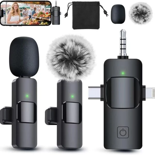 Micrófono Lavalier PQRQP GT16 - Inalámbrico - 3 en 1 - iPhone/Android/Cámara - Dual Transmisor - 65ft Alcance - Negro