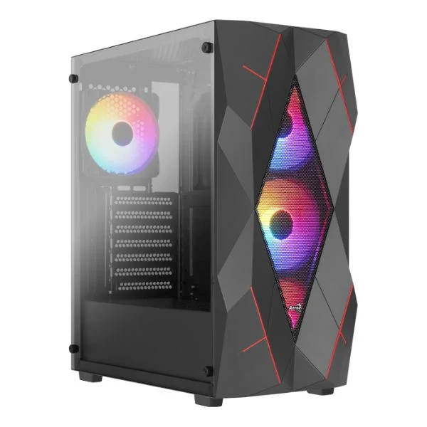 Case gaming Aerocool Volcan Mid Tower negro/ 2x USB 2.0 - USB 3.0/ 1 HD audio/ 4x Fan 12cm FRGB/ Lateral vidrio