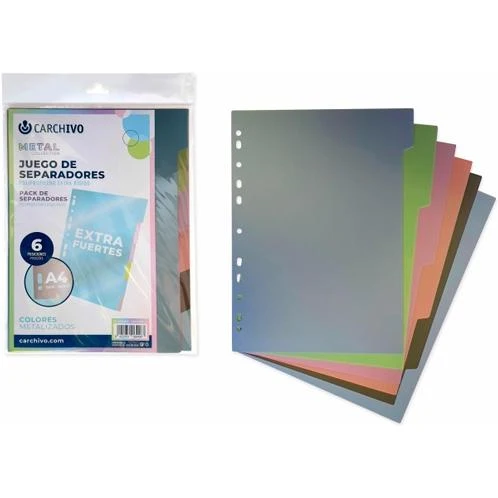CARCHIVO SEPARADORES 6 POSICIONES A4 PP OPACO EXTRA RÍGIDO COLORES METAL