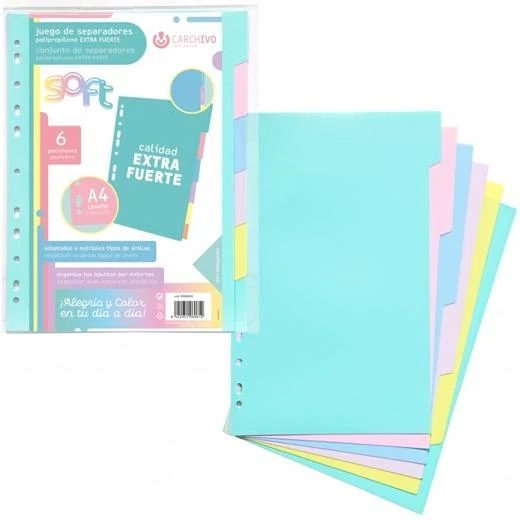 CARCHIVO SEPARADORES 6 POSICIONES A4 PP EXTRA FUERTE COLORES SOFT