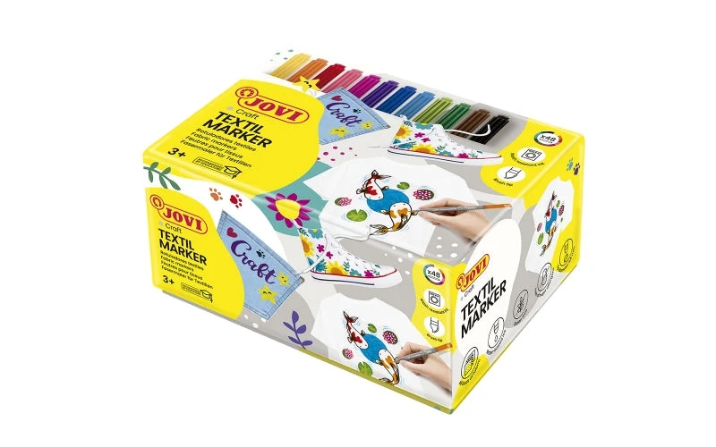 Jovi Textil Caja de 48 Rotuladores Textil- Tinta Base Agua - Punta Pincel - Resistente a Lavados - S