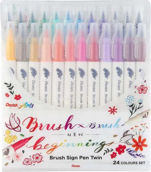 Pentel Brush Sing Pen Twin Rotuladores con Doble Punta de Pincel Flexible - Punta Ancha 1