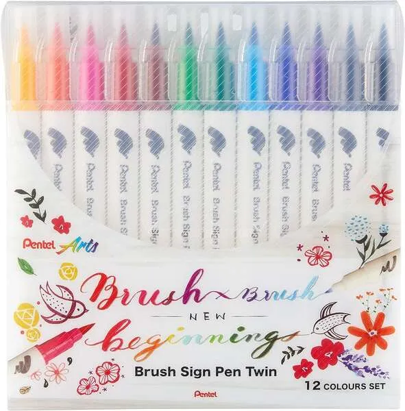 Pentel Brush Sing Pen Twin Rotuladores con Doble Punta de Pincel Flexible - Punta Ancha 1