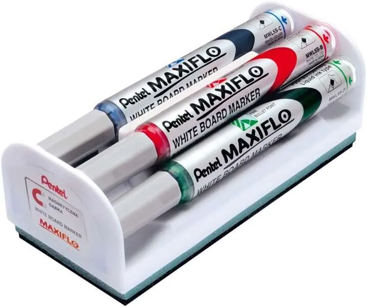Pentel Maxiflo Rotuladores para Pizarra Blanca + Borrador Magnetico - Punta de Bala - Anch
